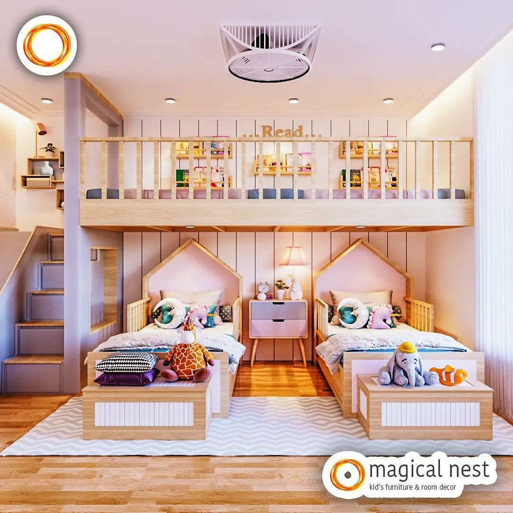 Twin beds in the kids' room with stairs to the loft area including a bookshelf.