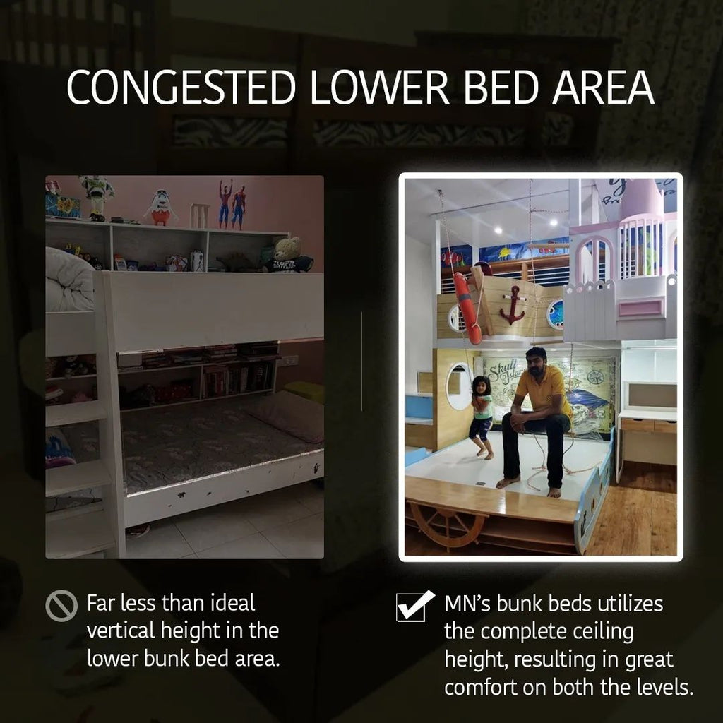 Comparison of regular kid's bunk bed with congested space and Magical Nest kid's bunk bed with lot of vertical space