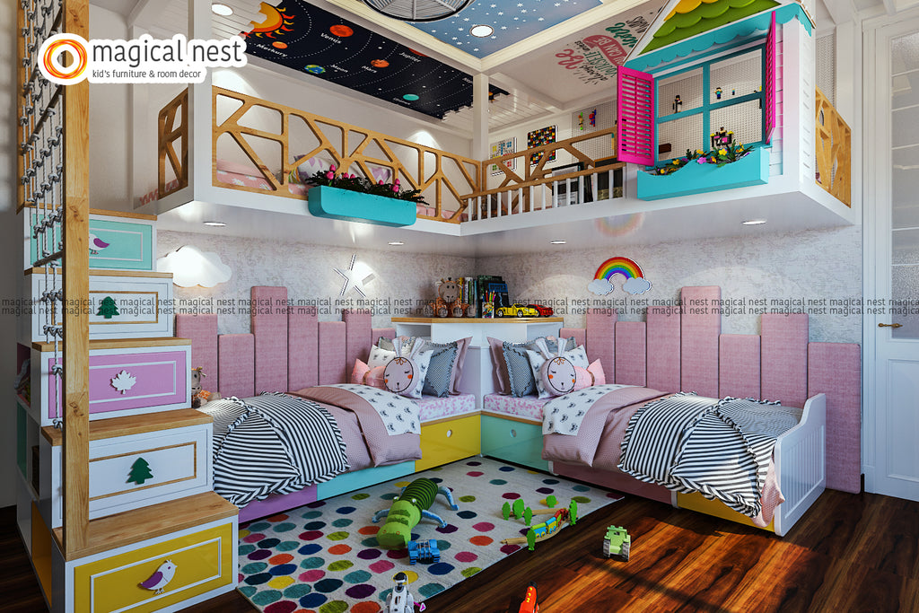 Kid’s room for siblings with pretty colors splashed, independent bed, and long loft area for play and relaxation.