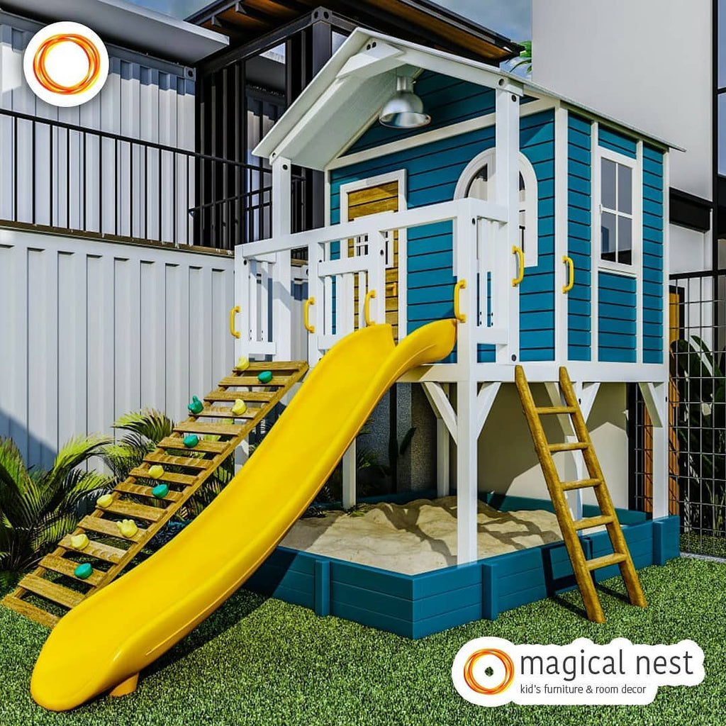 A compact blue cubby house with a ladder, climber, and slide along with a sandpit.