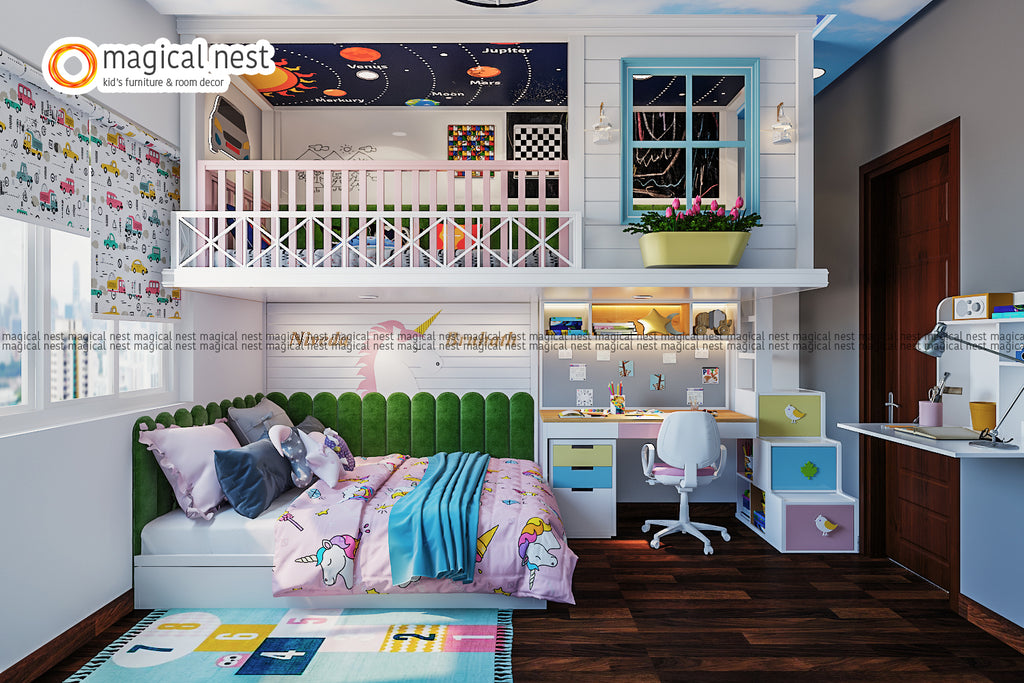 A compact kid’s room with queen size bed and loft area with a study table for the siblings.