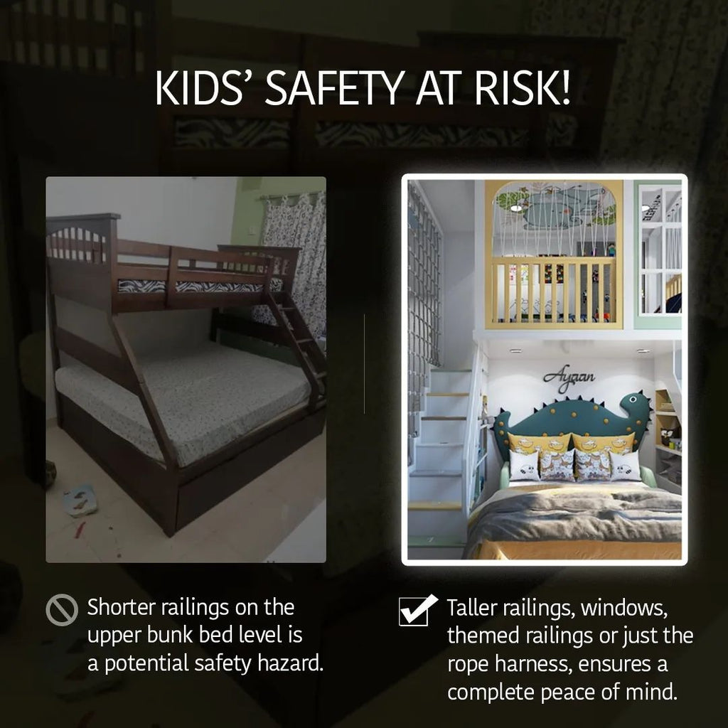 Comparison of regular kid's bunk bed with less safety and Magical Nest kid's bunk bed with lot of safety