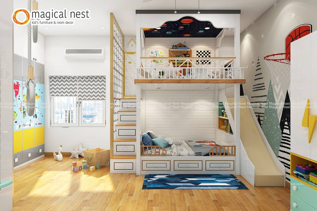 Kids’ room with queen size bed, loft area and ample storage space.