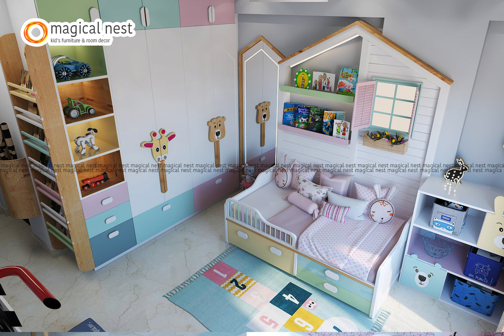Arial view of the kid's room interior design with a kid's wardrobe, single bed with hut shaped headboard and a dressing table.