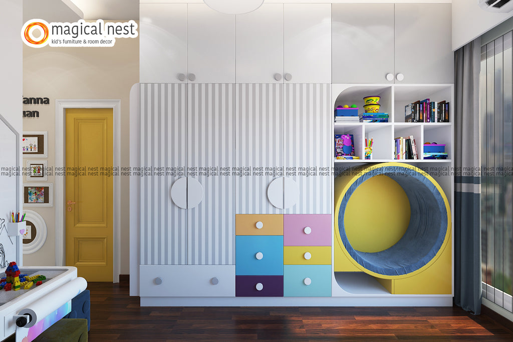 A modern and playful Magical Nest children's room featuring a multicolored drawer unit, cozy circular reading nook, and creatively arranged bookshelves against a striped wall.