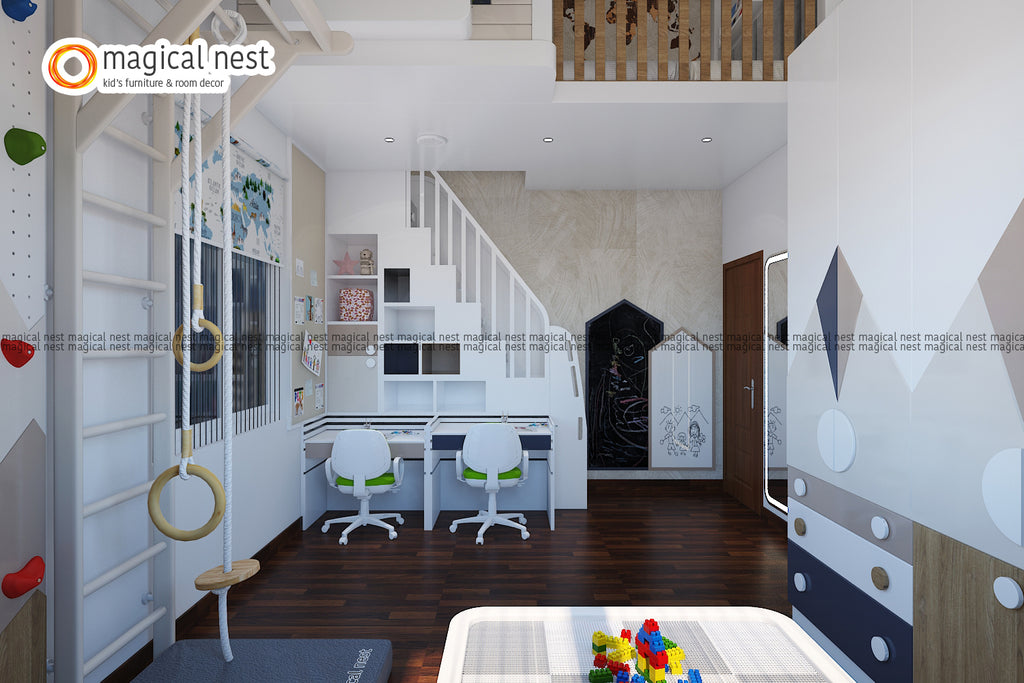 A dynamic Magical Nest children's bedroom with loft space, equipped with climbing holds and gymnastic rings, a dedicated study area with two desks, and themed decor accents.