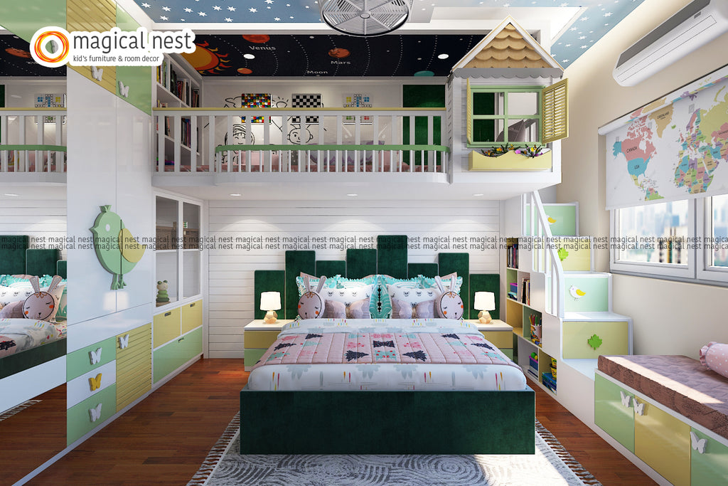 A green-theme kid’s room with stairs to the loft area filled with board games for fun activities. A comfortable bed and ample storage with a wardrobe and study table. Bird, leaves, and butterfly knobs for the cabins and wardrobe make the room look pretty with a seater by the window.
