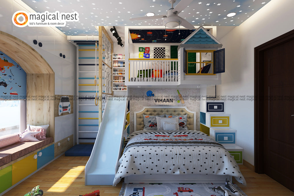 A sport-themed kid’s room with bunk bed with slide and stairs, the loft that also is a play area with board games. A play gym by the bed, wardrobe and study table with a bench by the window to enjoy the view.