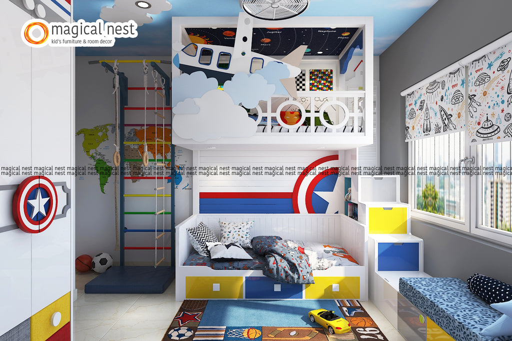 Captain America themed kid’s room with wall climbing and ladders for play, bunk bed for your little ones, and a bedroom bench by the window.