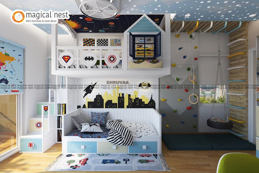 Superhero-themed kids’ room, with play area that has wall climbing, swing, and ropes by the comfortable bed with a play area atop.