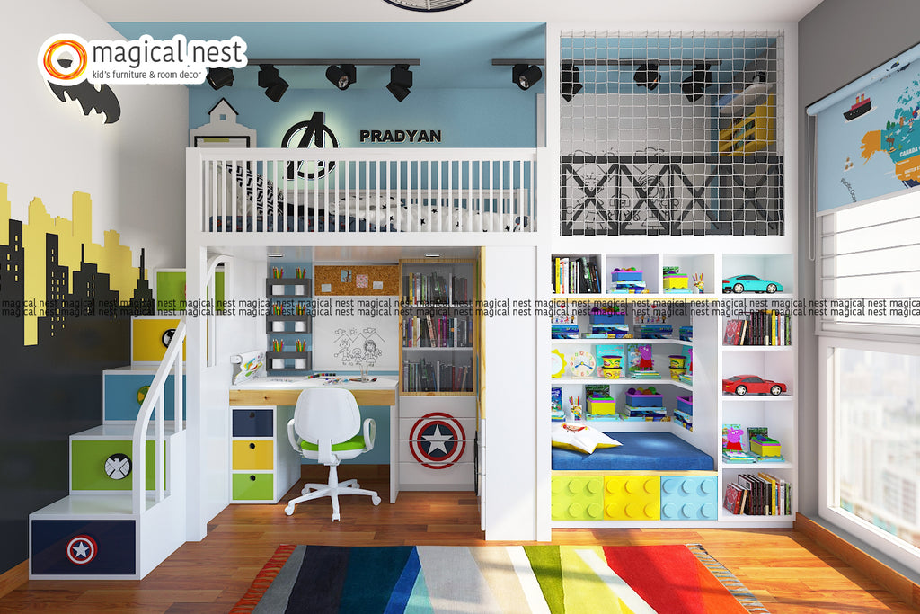 Superhero-themed kids’ room with a study table and a play area by the window. Climb up the stairs designed with superhero logos to the bed