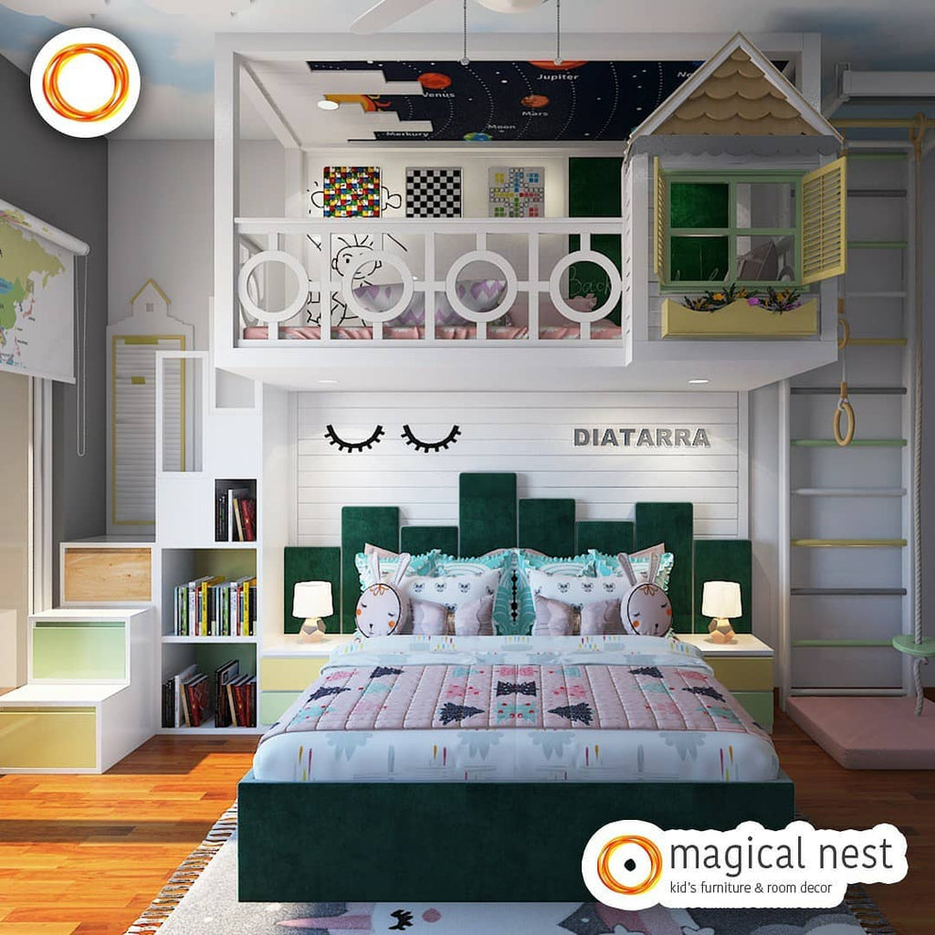 Kid’s room with a comfortable green bed and a patterned headboard, play area by the side, and a loft.