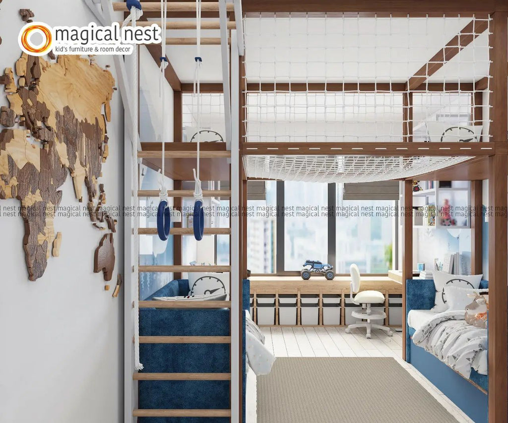 Wood theme with blue hue boys’ room. It has a ring swing, rope climbing, and ample storage.