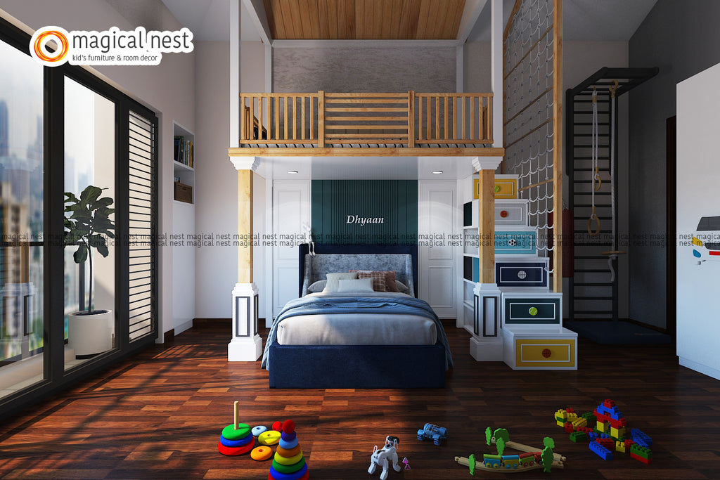 The boy’s room is themed with classic white and wood with a shade of blue. There are stairs up to the loft area and an activity corner by the bed with the climber.