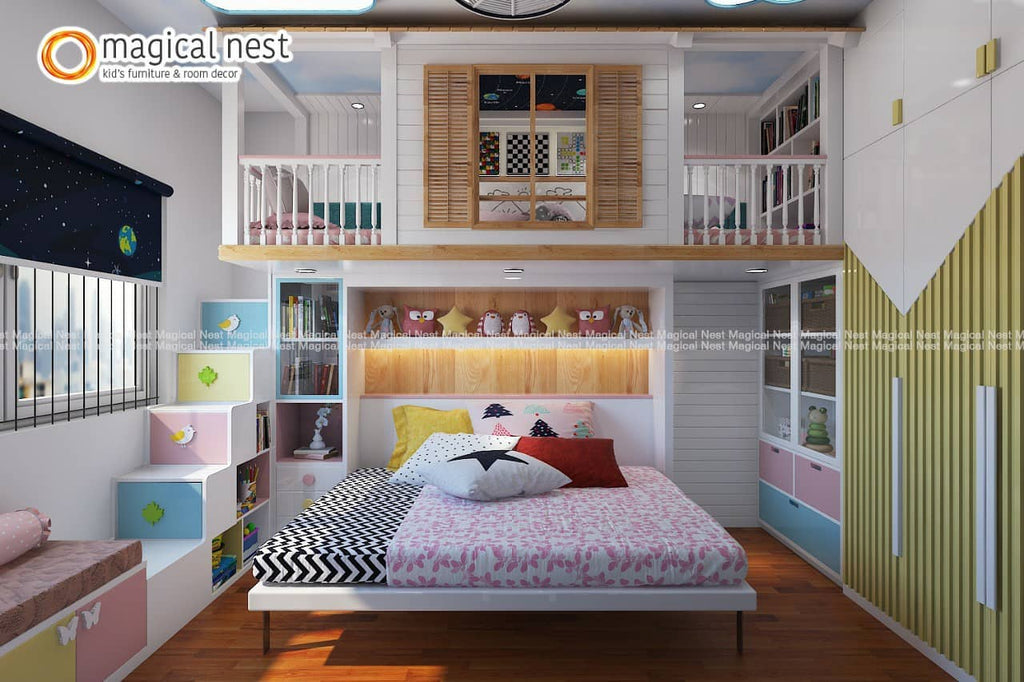 Colorful kids room. The loft area has a bookshelf, wall board games and a white scribbling board. There are ample shelves for storage including stair draws. The bench by the window, cute knobs and colors add to the aesthetics of the room.