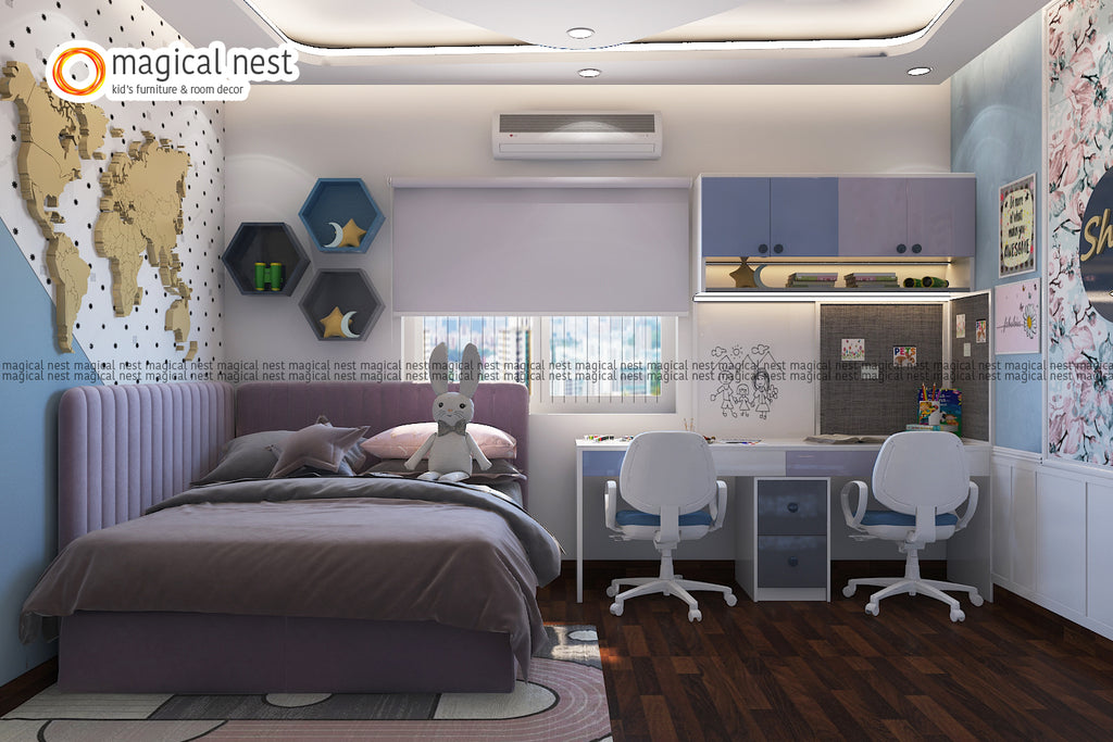 Shared room for boy and girl. The room has individual beds and loft areas for the siblings with a study corner and activity space.