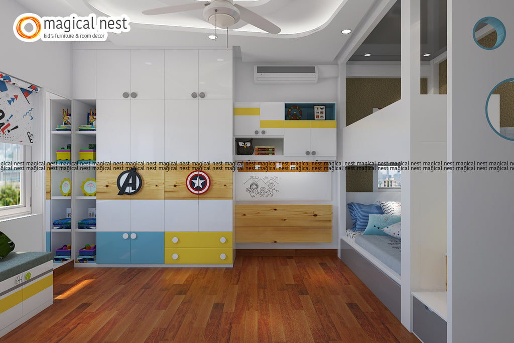 The classy white-wood-based theme kid’s room for the siblings has a teenage vibe. The elements in the room include the spacious bunk bed, the avenger logo on the wardrobe, the whiteboard, and shelves for storage.