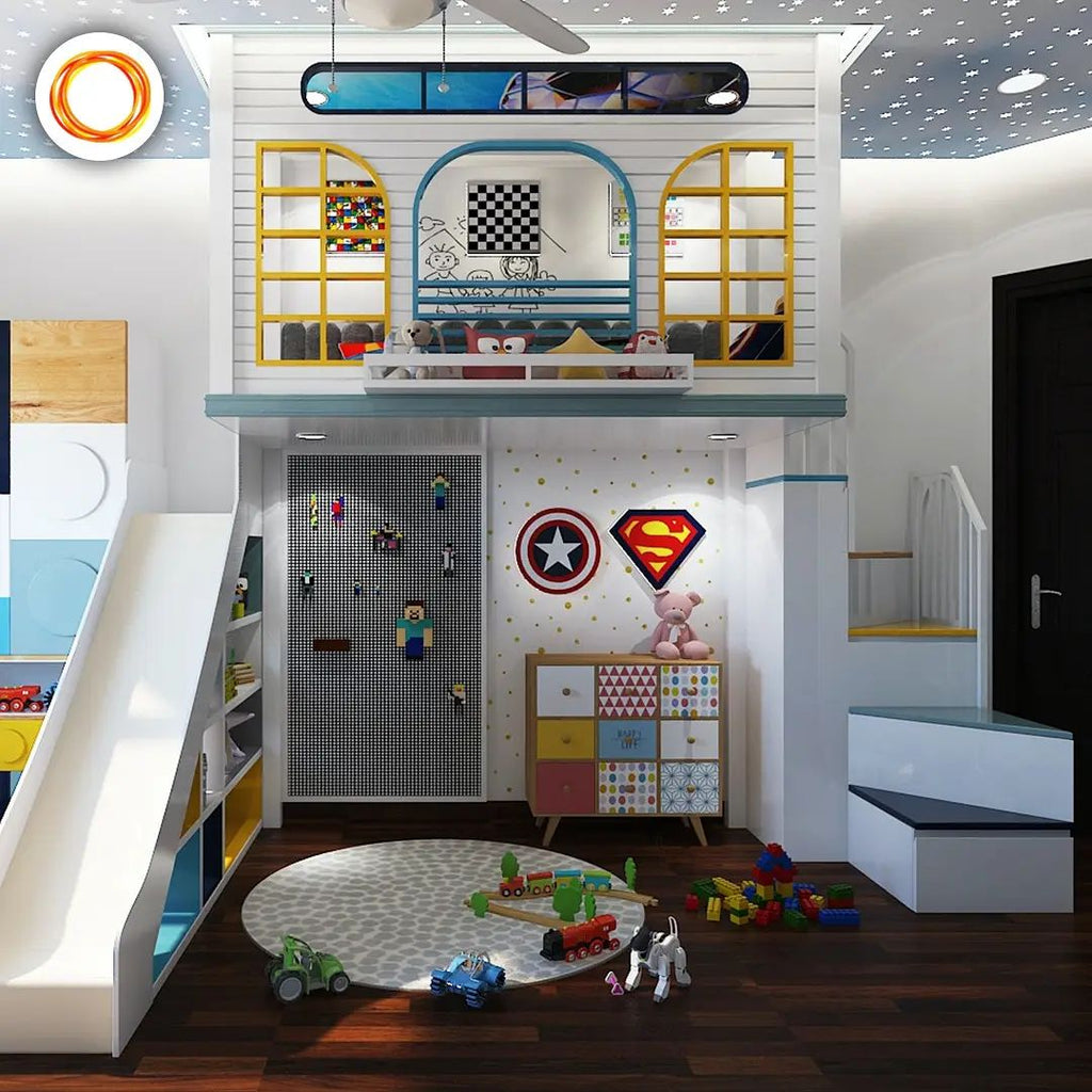 The loft area in the room has various wall-board games and beneath is the lego wall for its kid fan.