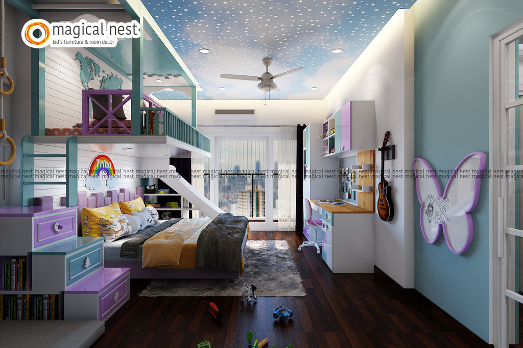 Teen’s room with guitar decor, starry ceiling with stairs to the loft and activity area.