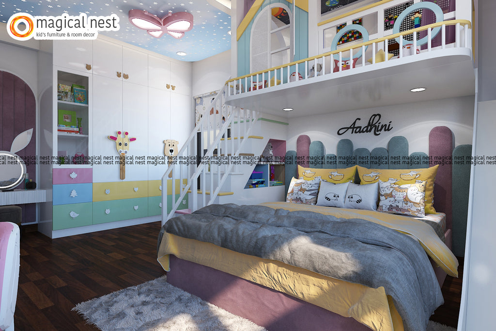 The kid's room has a queen size bed with a velvet headboard and the name etched over the bed. The animal theme room has giraffe and bear handles for the wardrobe. The loft area, pillared with stairs and a slide, is perfect for fun activities.