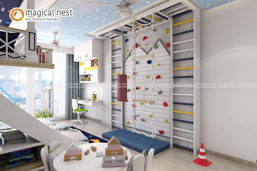 A play corner in the bedroom for all the fun with wall-climbing, ropes, and ladders.