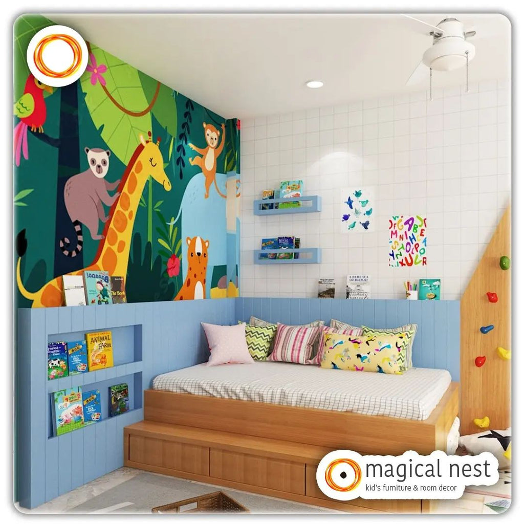 A cozy corner with a kid’s bed and bookshelf for interesting story reading times.