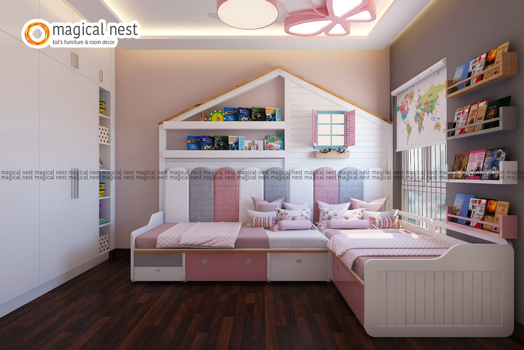 Kid’s Room interior designed for two girls with an independent bed and study space with butterfly décor on the ceiling.