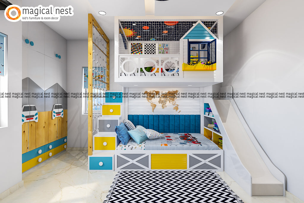 The vibrant kid’s room with a splash of blue and yellow with a white base has a comfortable bed and a loft area with a little window, board games, and cushions. The rope climber by the stair and the slide are the fun elements of the room.
