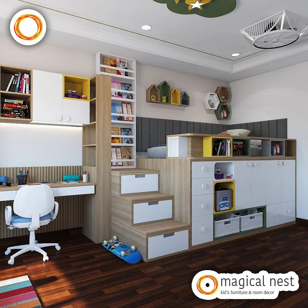 A close-packed cozy space for your kid with space saver storage, a chest of drawers, and stacks of shelves that gives ample compartments for all toys and things.