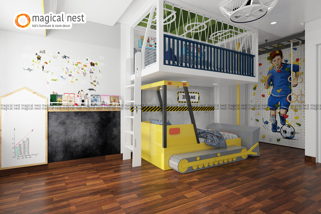 The kid’s room for a boy has a bulldozer theme bed with the kid’s name etched on the wall. The loft area has the football ground ceiling with a book rack.