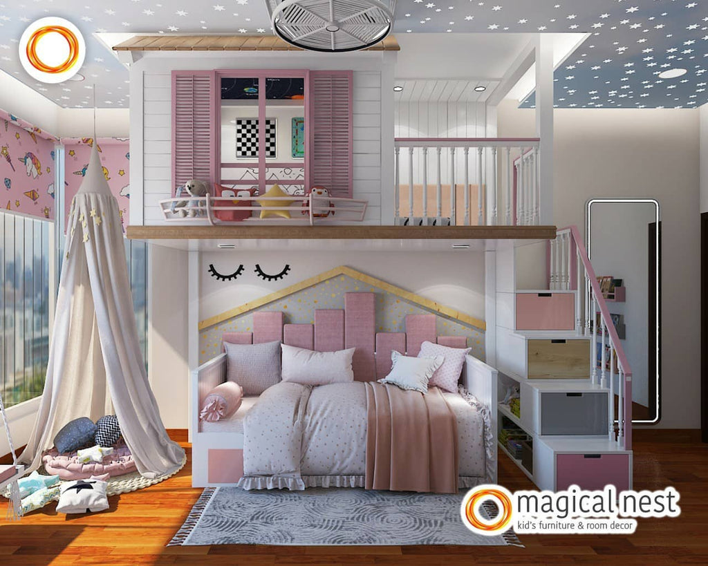 A cozy compact room with a loft area. This space gives enough room for the kids to play around indoors.