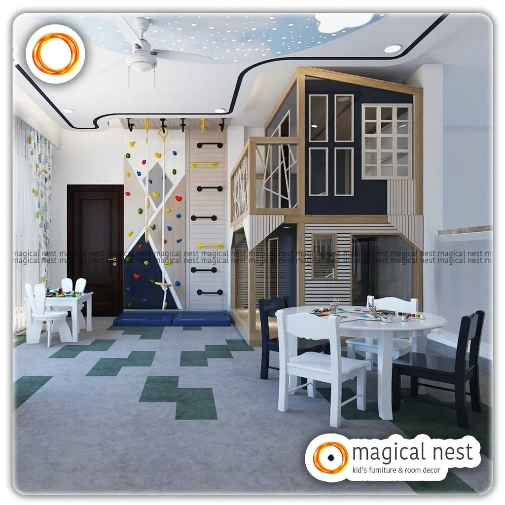 A kids’ room with play area, activity corner consisting of wall climbing and swing. It also has an art section with tables and chairs making it comfortable to draw and paint.