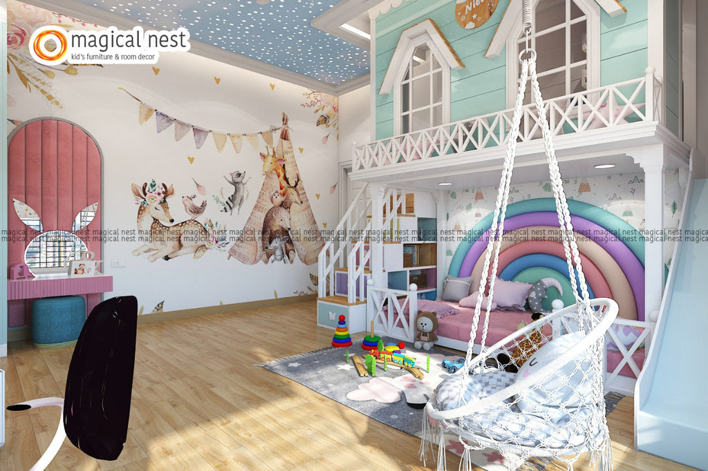 A fairy tale themed room with animal camping wallpaper, a swing, and a floor-level bed is both a kid’s bedroom and a kid’s playroom. The loft area has games and two windows. The bunny mirror at the dressing, the swing to sway, and the study table complete the kid’s room.
