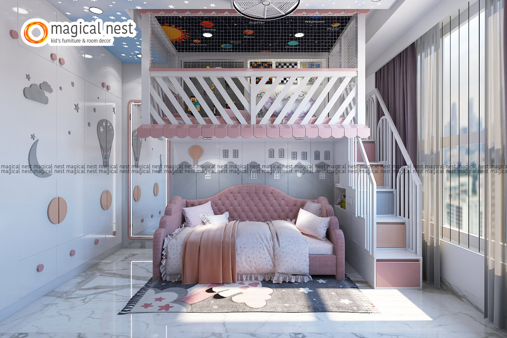 The elegant kid’s room for girls has a peach and pink color scheme. The loft has the lego wall and other board games. The wardrobe has pretty designs of parachutes, stars and clouds.