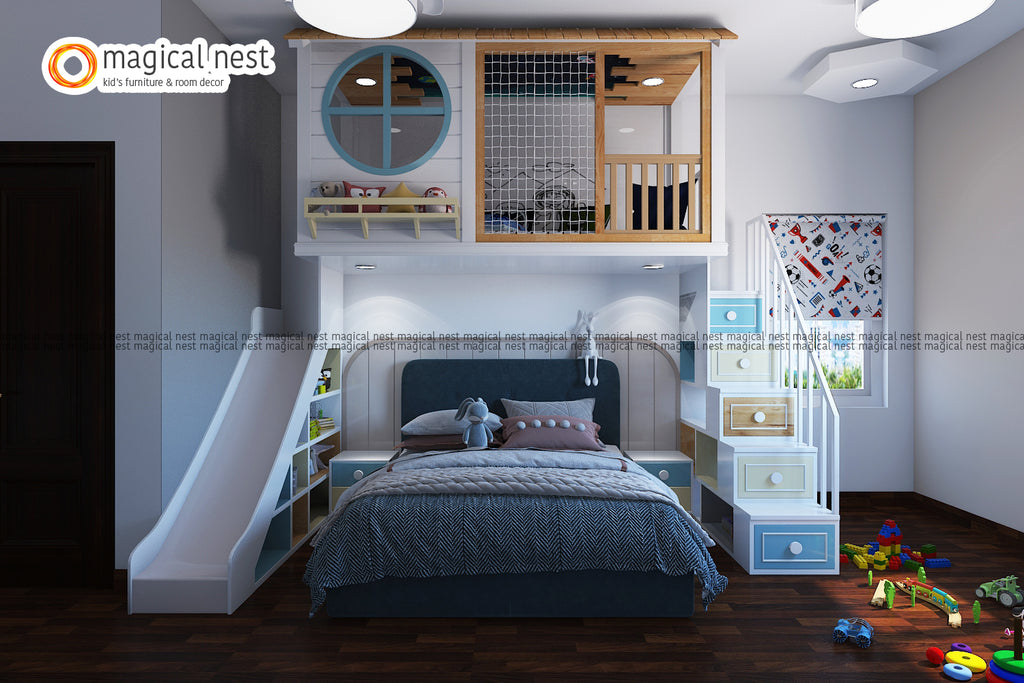 A simple uncomplicated kid’s room interior for a boy designed with stairs and a slide to the loft area with a study table. Climbers and ropes for all the fun and activities.