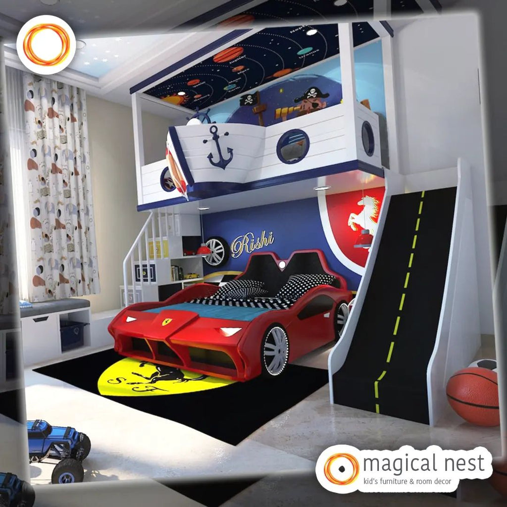 Racer car theme twin bed for the kids with ferrari logo on the wall with loft area and the racing track slide.