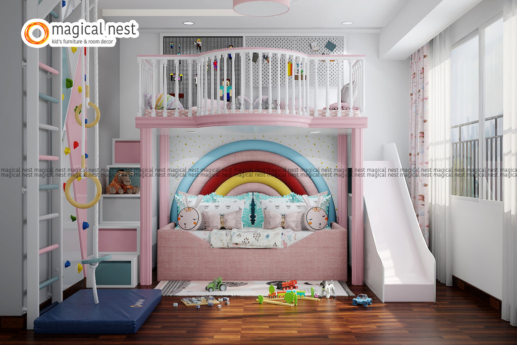 The cute little girl’s room is compactly placed with a cozy bed and the loft area that has a slide and stair on either side.
