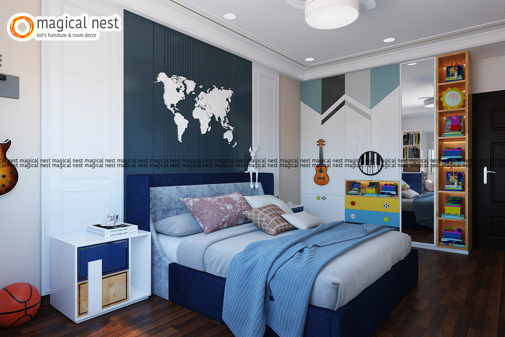 A teal-blue theme kid’s room interior for the boy, with sports and guitar décor. A bedroom bench by the window, cushioned bed with side tables, and a convenient study table.