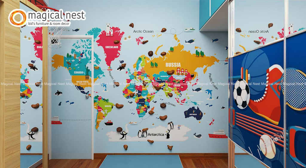 world map with climbing decor on a wall inside kids room 