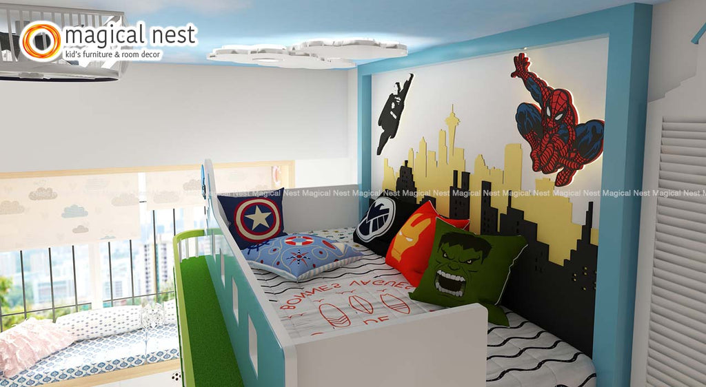 superhero themed wall decor with spiderman and superman inside kids room