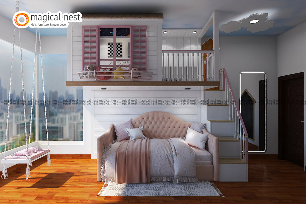  A pretty pink room for the girl with a couch-like bed, a swing by the window, and loft play area. The room has cloud-shaped ceiling lights and cute cushions to add to the decor.