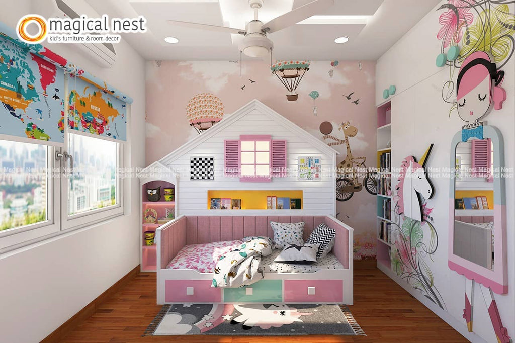 Pink-themed kids’ room with a dreamland wallpaper, hut-shaped wall-shelf and the world map blinds.