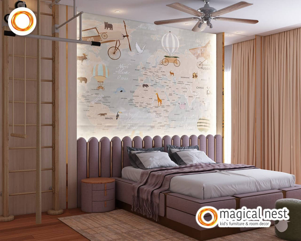 An elegant lavender-themed kid’s bedroom in India with a world map over the headboard and a play area.