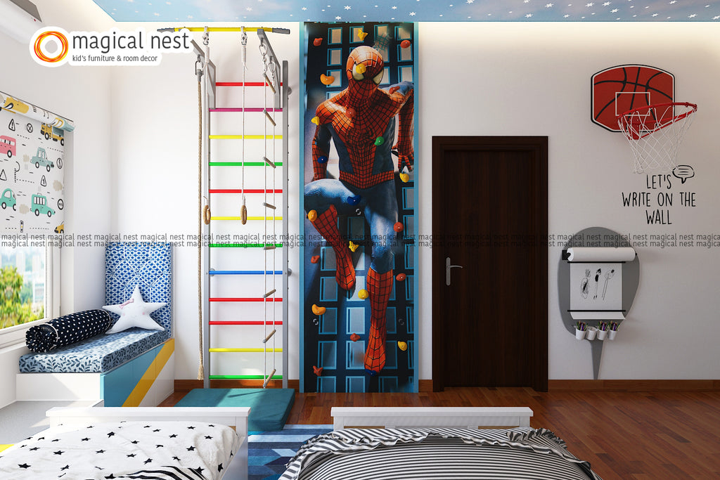 Spiderman-themed kid’s room with spiderman wallpaper wall climbing, ladder, and basketball board to play. A bedroom bench by the window with independent beds for your twins.