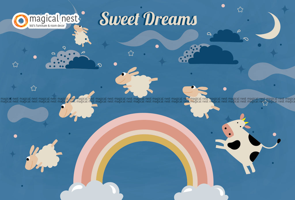 Kid’s room cute goodnight wallpaper shows a flock of sheep and a cow jumping over the rainbow.