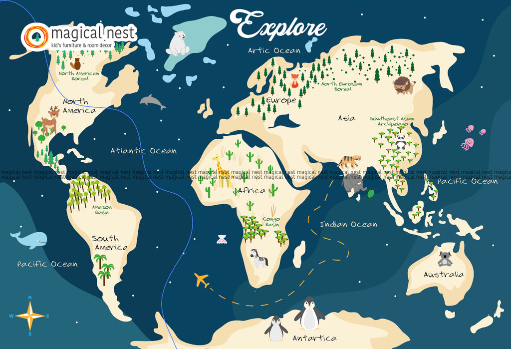 The kid’s room world map wallpaper showing continents and oceans of the world.