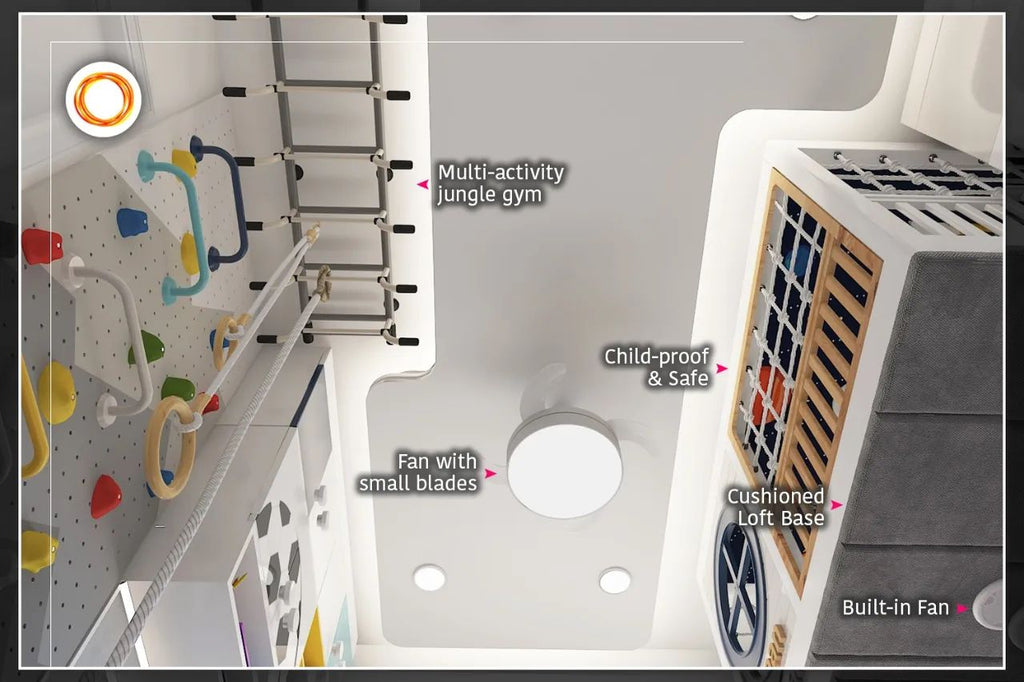 Kid's room with high bars in the loft. It is child safe, fan with small blade, and multi activity jungle gym.