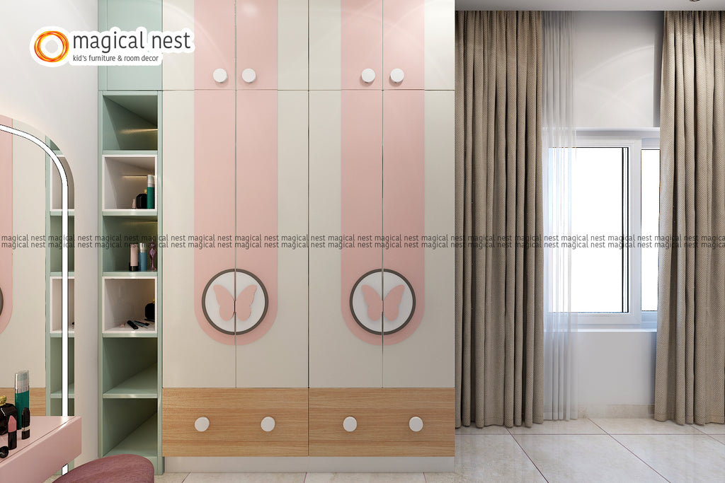 Chic children's wardrobe in pastel colors with butterfly motifs, wooden accents, and integrated shelving, designed by Magical Nest.