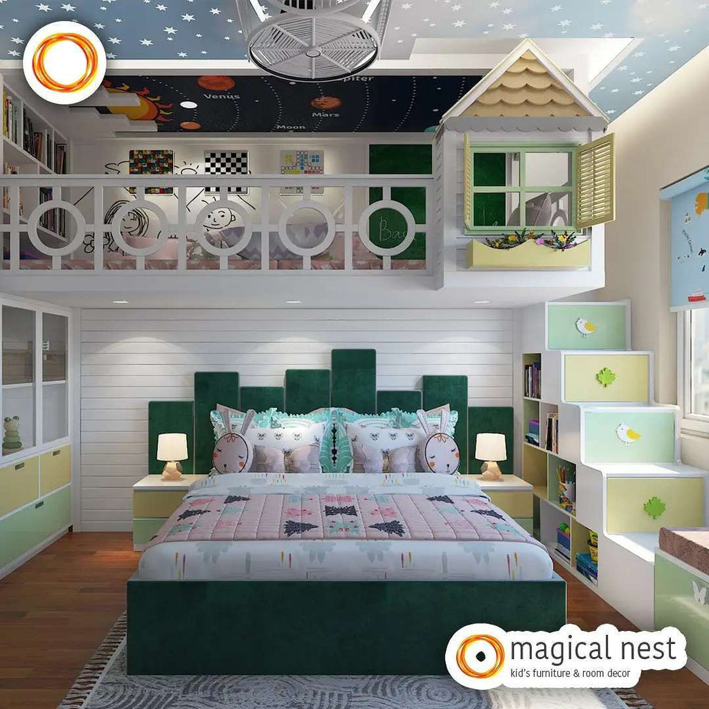 Kid's room with queen size bed, wooden loft and covered fan.