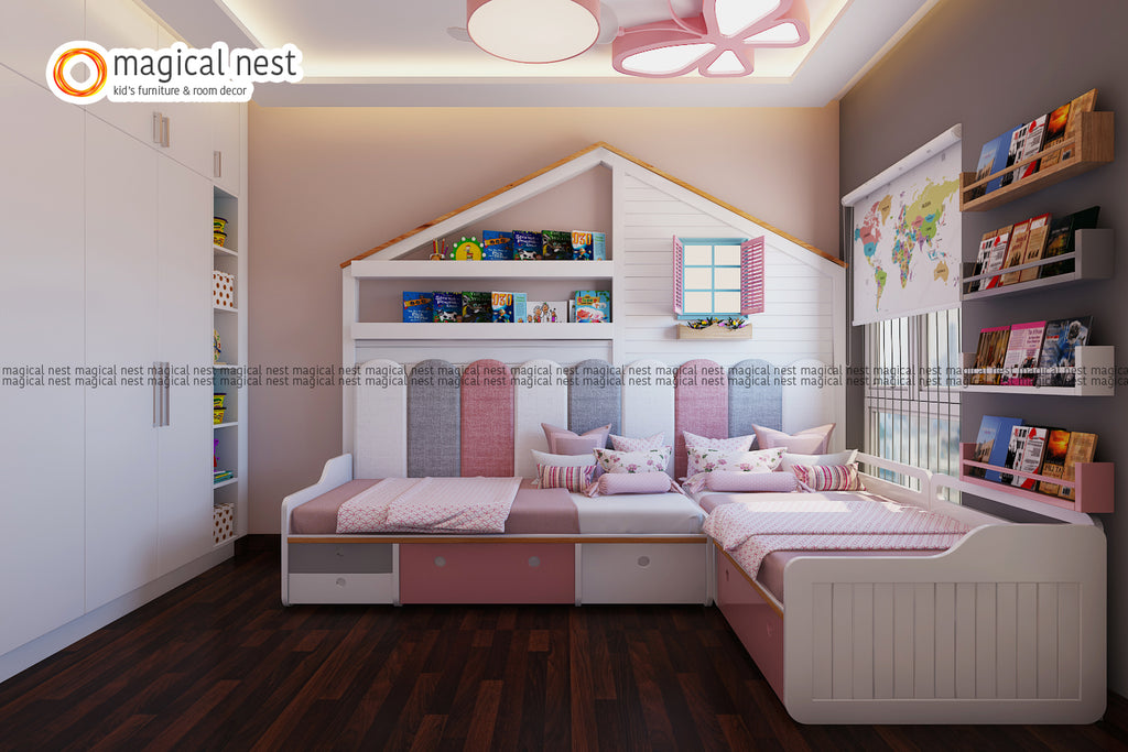 Kid’s Room interior designed for two girls with an independent bed and fence-shaped cushion headboard and study space with butterfly décor on the ceiling.